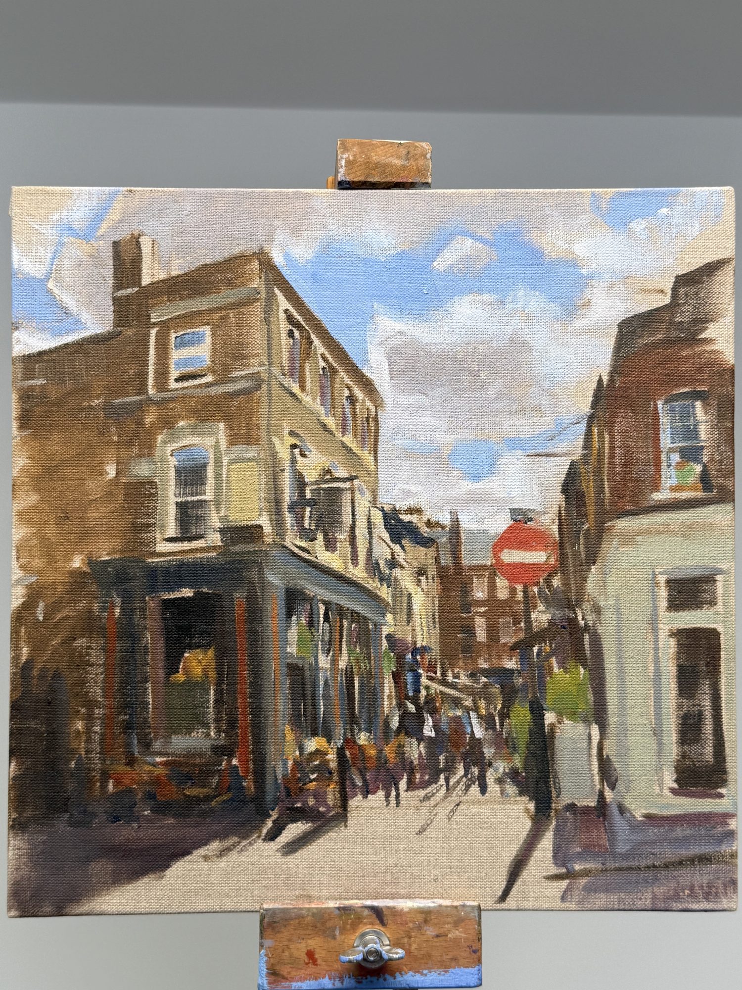Flask Walk Hampstead — original oil on board painting of London, United Kingdom by Claud Binns